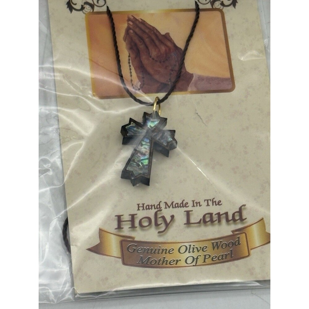 Bethlehem Olive Wood Mother of Pearl Cross Pendant Necklace Holy Land 9355
